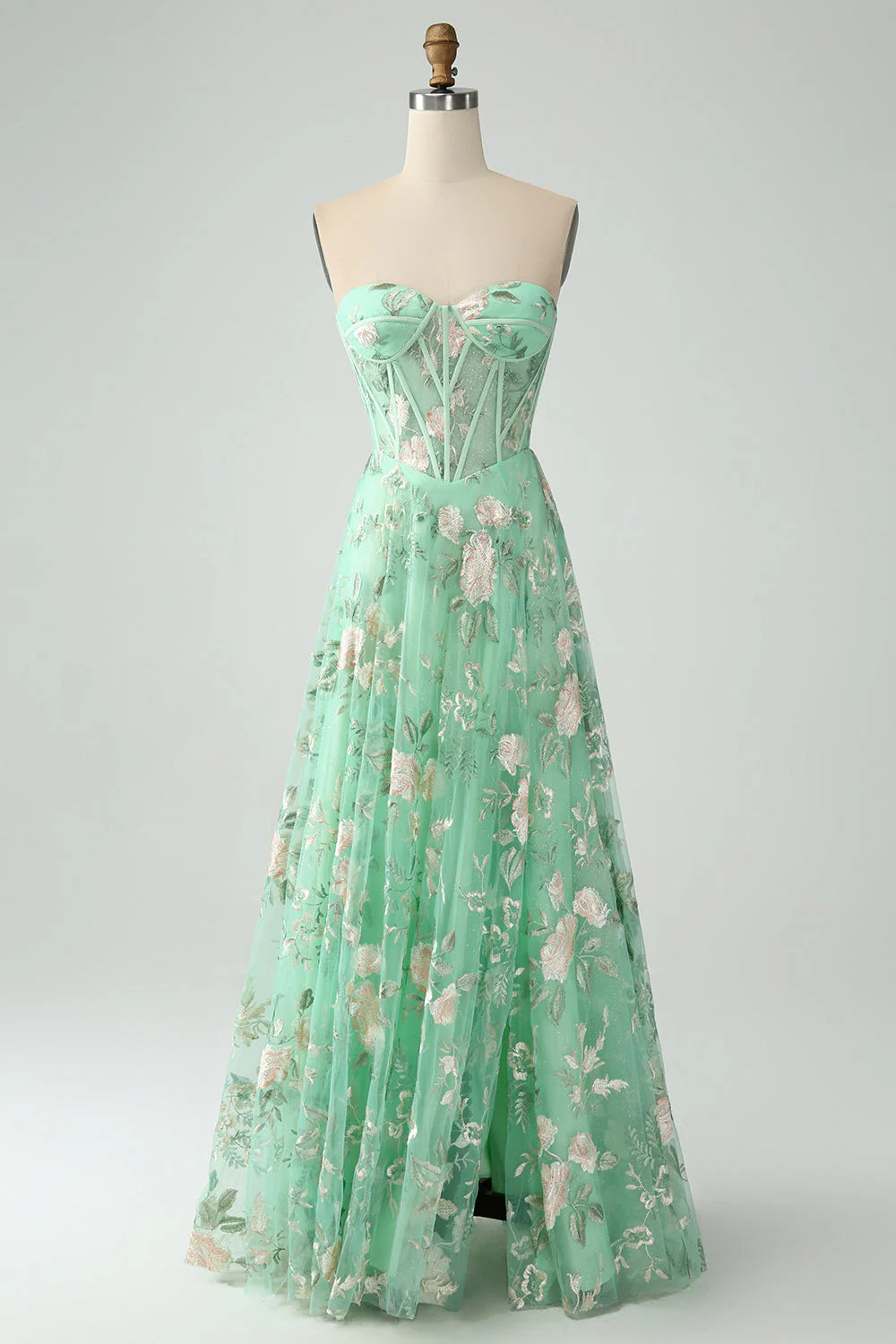 Green Flower Party Dress A Line Strapless Corset Sweetheart Neckline Printed Backless with Slit Retro Long Hot Sale Prom Dresses