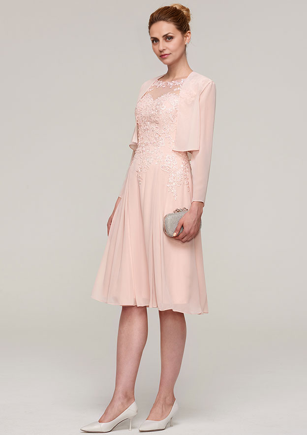 Classic Elegant Wedding Guest Dresses Pink Chiffon A-line Boat Neck Sleeveless Lace Appliqued With Long Sleeves Jacket Two-Piece Knee-Length Bargain Mother of the Bride Dress
