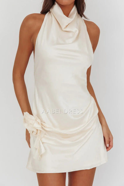 A Line High Cowl Halter Neckline 3D Flower Backless Sexy Mini Dress Hot Sale Homecoming Dress