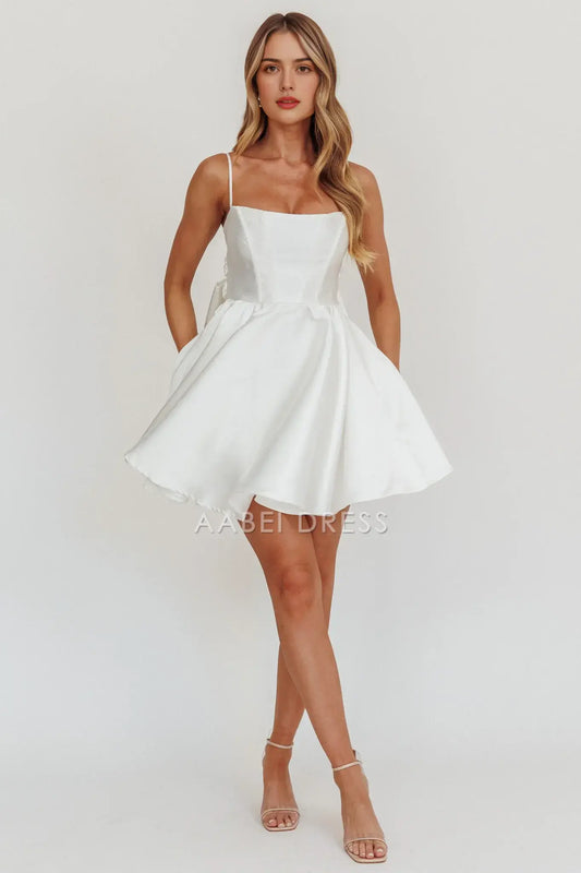 White A Line Spaghetti Strap Sleeveless Bow Exquisite Mini Dress Hot Sale Homecoming Dress