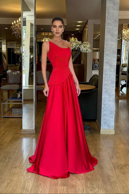 Unique Formal Women's Dresses Red Satin A Line Strapless Sleeveless Backless Pleated With Ruffle Exquisite Floor Length Affordable Prom Dress