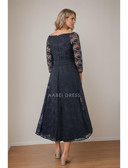 AABEI DRESS Wedding Guest Dress Elegant A-Line V Neck 3/4 Length Sleeve Tea Length Lace Retro Mother of the Bride Dress