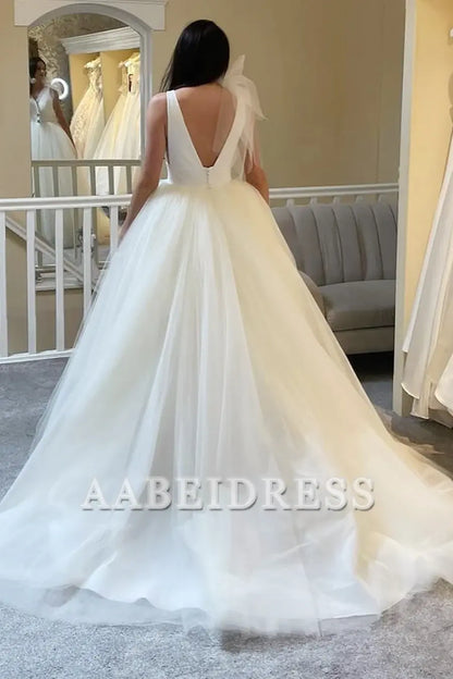 AABEI DRESS Exquisite Romantic Charming Wedding Dress Tulle Plunge Deep V Open Back Ball Gown with Bow Formal Dresses