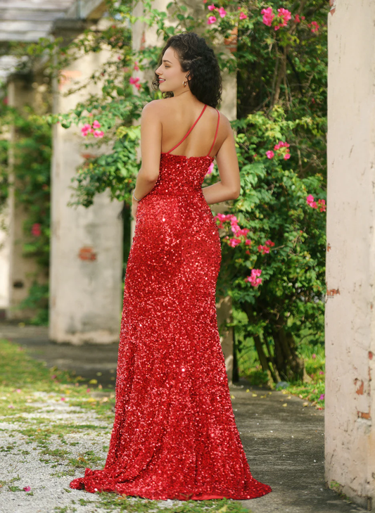 Evening Dress One Shoulder Velvet Sequin Thigh High Slit Formal Wear Dresses