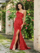 Evening Dress One Shoulder Velvet Sequin Thigh High Slit Formal Wear Dresses