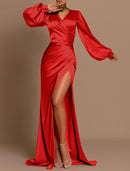 Elegant Mermaid Dress Wedding Guest Fall Sweep / Brush Train Long Sleeve V Neck Satin with Ruched Slit Evening Dress