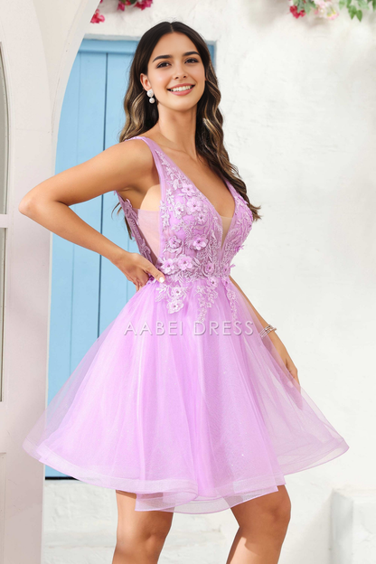 AABEI DRESS Short Dress Gorgeous A Line Deep V Neck 3D Floral Applique Youthful Dress New Homecoming Dress