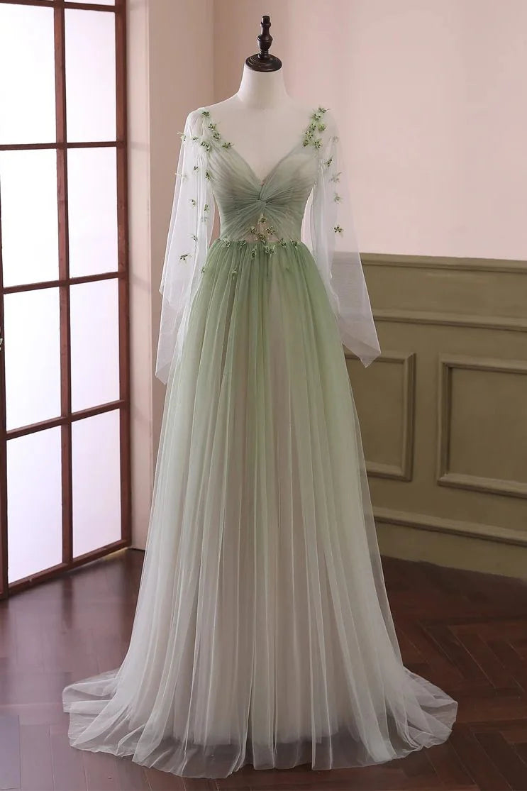 Sage Tulle Fashion A Line V Neck Knot Long Sleeves With 3D Appliques Exquisite Wedding Guest Dress Long Hot Sale Prom Dresses