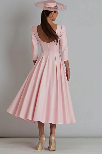 Elegant Pink Satin A Line Square Neck with Mid Sleeves Ruched Backless Long Wedding Guest Dress For Women Hot Sale Mother of the Bride Dress