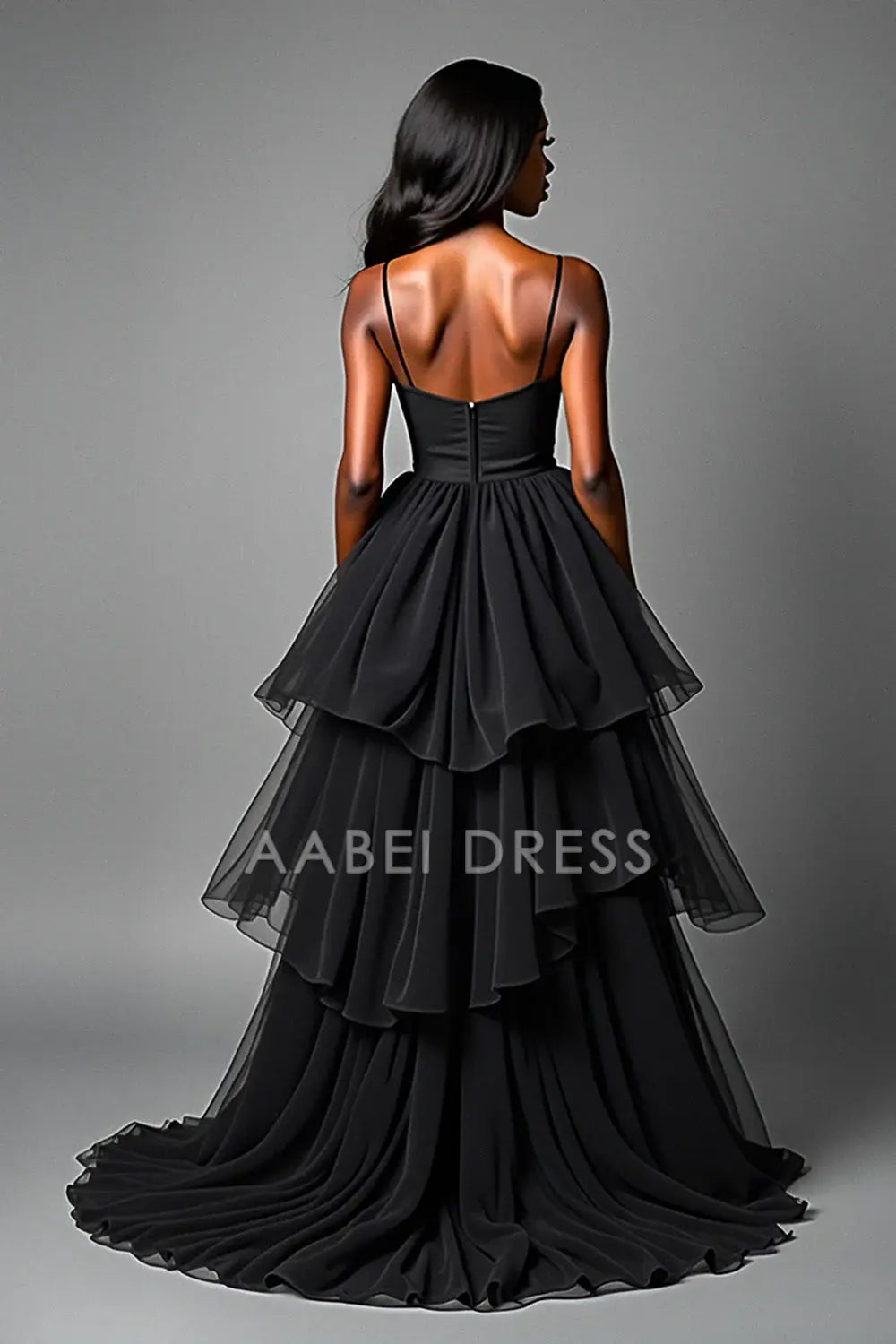 AABEI DRESS Hot Sale Prom Dress Fashion A Line Spaghetti Strap Tiered Asymetrical Tulle Long Black Formal Dress