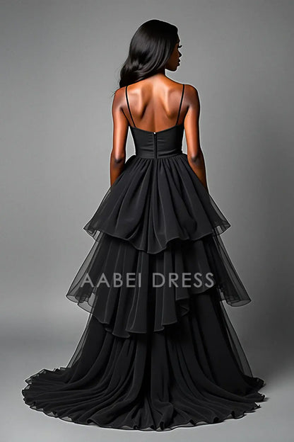 AABEI DRESS Hot Sale Prom Dress Fashion A Line Spaghetti Strap Tiered Asymetrical Tulle Long Black Formal Dress