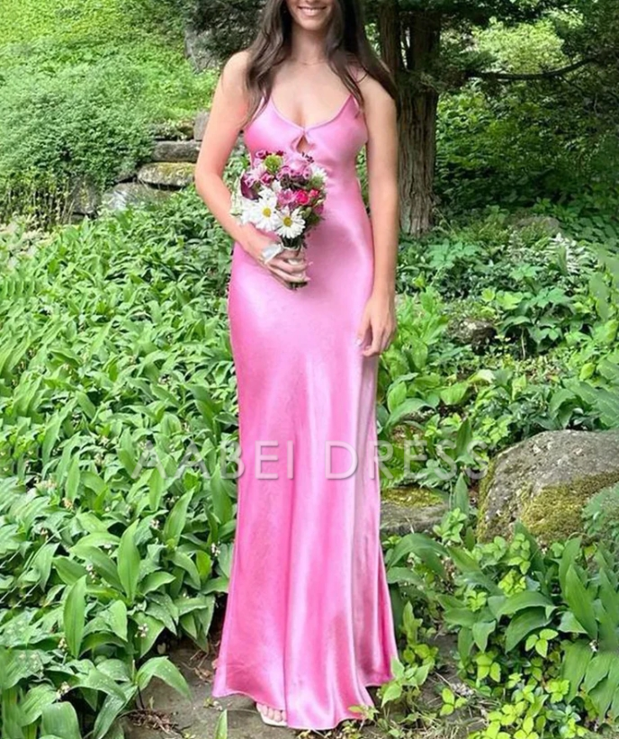 AABEI DRESS Prom Dress Elegant Sheath V Neck Spaghetti Strap Satin Backless Long Simple Formal Dress