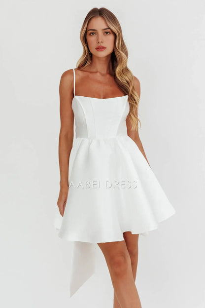 White A Line Spaghetti Strap Sleeveless Bow Exquisite Mini Dress Hot Sale Homecoming Dress