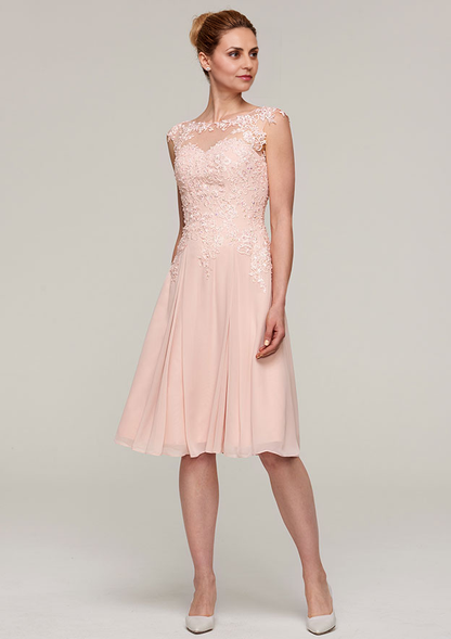 Classic Elegant Wedding Guest Dresses Pink Chiffon A-line Boat Neck Sleeveless Lace Appliqued With Long Sleeves Jacket Two-Piece Knee-Length Bargain Mother of the Bride Dress