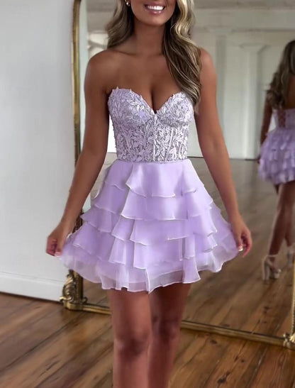 AABEI DRESS New Homecoming Dress A-Line Corsets Dress Holiday Graduation Sleeveless Strapless Lace with Appliques Tiers Exquisite Short Prom Dresse