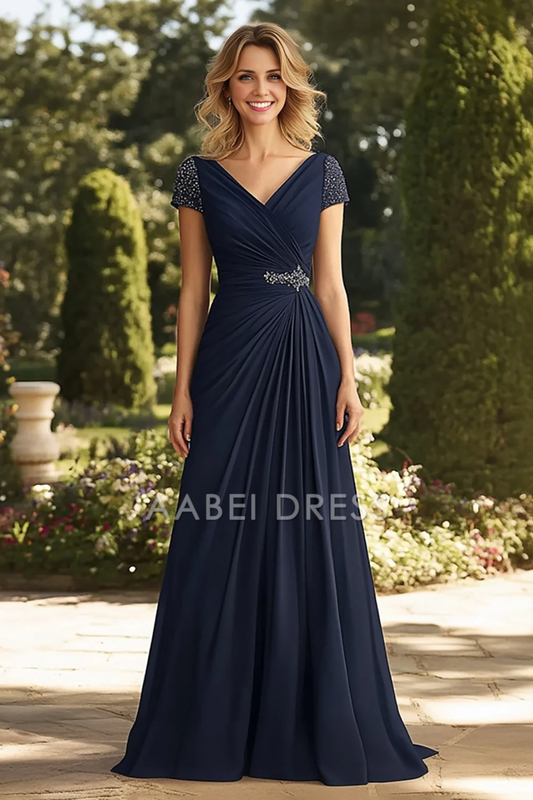 AABEI DRESS Mother Of The Bride Dress A Line V-Neck Ruched Beadwork Elegant Long Formal Wear Dresse