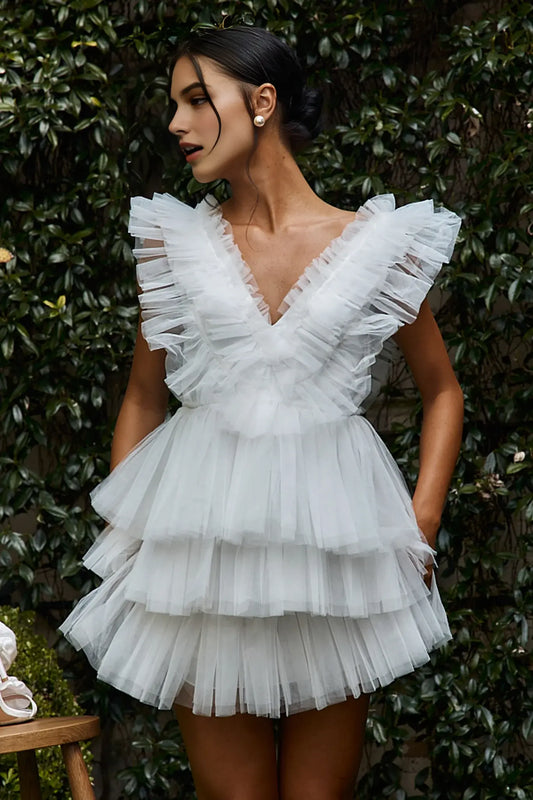 Fantastic A Line V Neck Sleeveless Layered Ruched Tulle V Back Exquisite Mini Dress Hot Sale Homecoming Dress