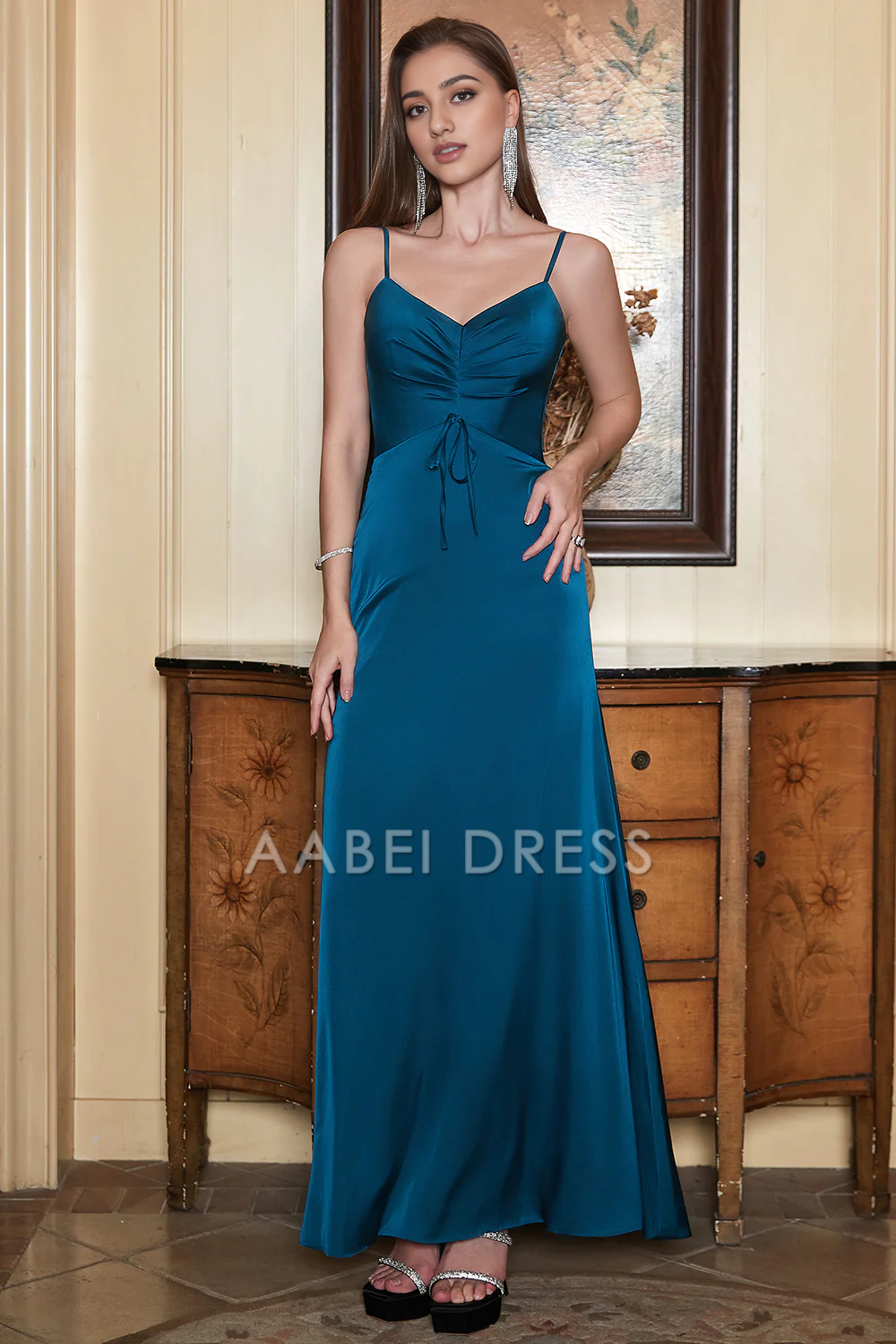 AABEI DRESS Hot Sale Prom Dress Simple Sheath V Neck Spaghetti Straps Long Formal Dress