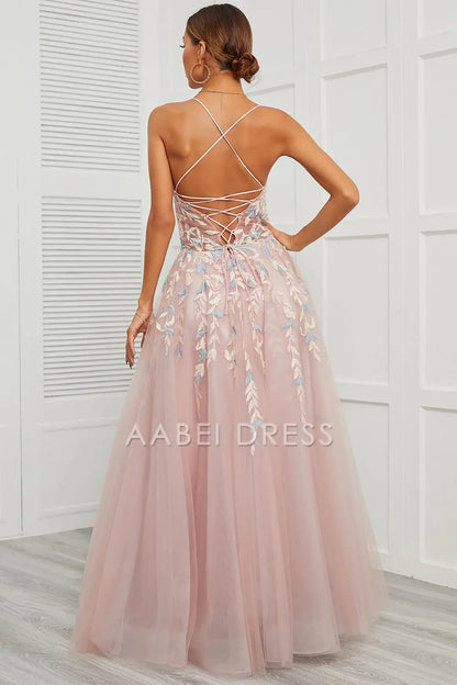 AABEI DRESS Hot Sale Prom Dress Exquisite A Line Spaghetti Straps Backless Tulle Fantastic Long Party Dress