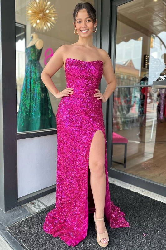 Evening Dress Strapless Sequins Long Prom Dress Side Fork Sparkle Sweep Train Charming Formal Women's Dresses