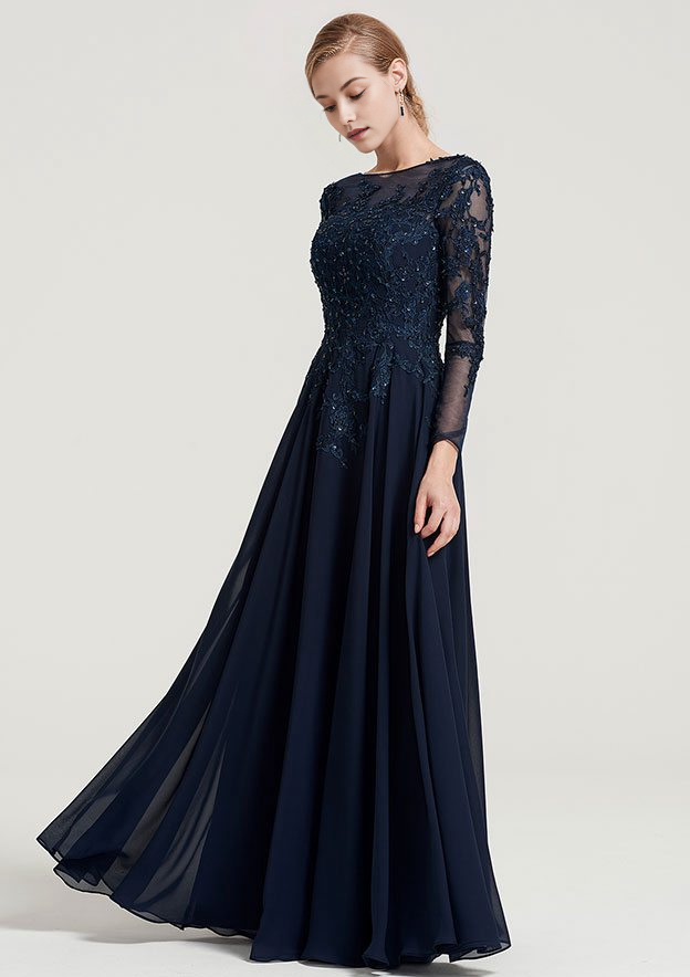 Retro Elegant Wedding Guest Dresses Navy Blue Chiffon A-line Boat Neck 3/4 Long Sleeve With Beading Appliqued Ruched Floor-Length Bargain Mother of the Bride Dress
