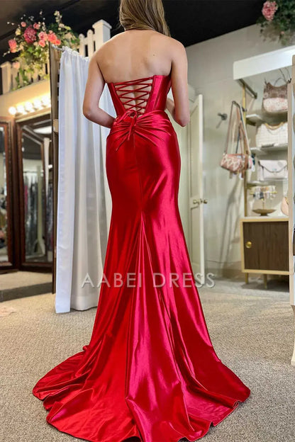 AABEI DRESS Hot Sale Prom Dress Satin Mermaid Strapless Lace Up Long With Split Fashion Formal Dress