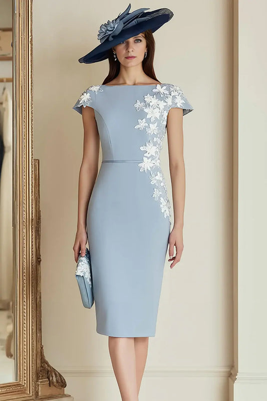 Dusty Blue Elegant Bodycon Boat Collar Cap Sleeve Applique Retro Long Wedding Guest Dress For Women New Style Mother of the Bride Dress