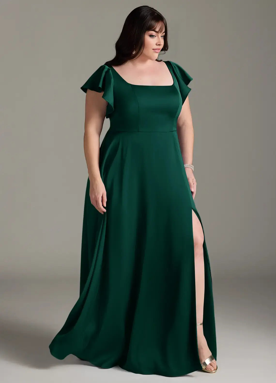 Wedding Guests Dresses Emerald A-Line Square Neck Ruffle Flutter Sleeve Side Fork Scoop Back Classic Plus Size Formal Dress Discount Hot Sale Prom Dress
