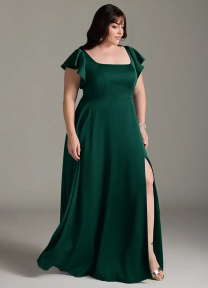 Wedding Guests Dresses Emerald A-Line Square Neck Ruffle Flutter Sleeve Side Fork Scoop Back Classic Plus Size Formal Dress Discount Hot Sale Prom Dress
