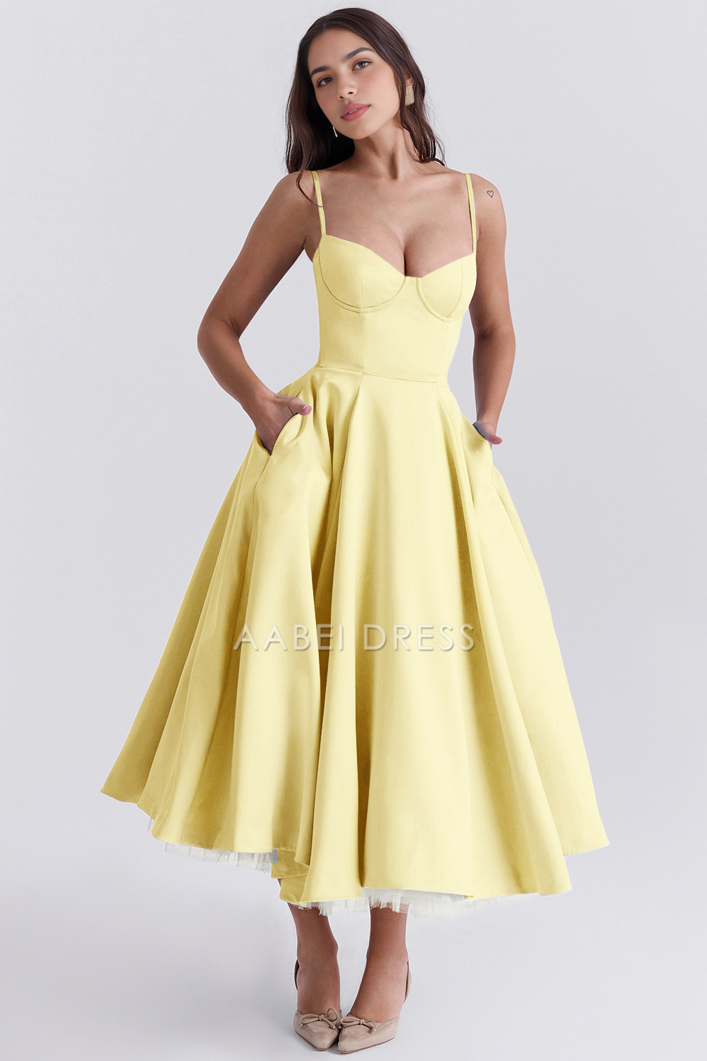 AABEI DRESS Elegant Strap Princess Dresses Sexy Low Cut Backless Double Layer Hem Party Dress