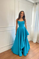 Elegant Satin A-Line Strapless Sleeveless With Tiers Ruffles Long Affordable Prom Dress