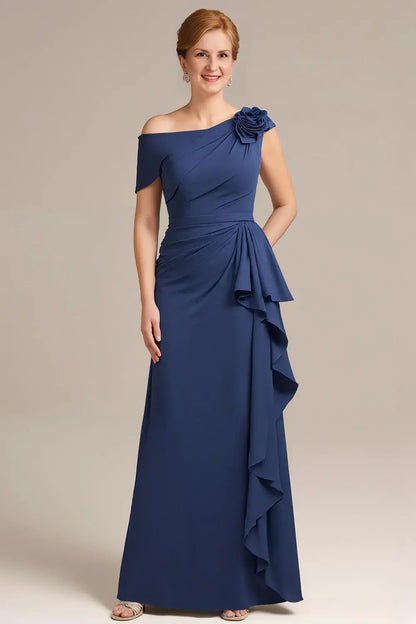 Wedding Guest Dress Fashion Navy Sheath Off Shoulder Sleeveless Tiers Ruffled with 3D Flower Hot Sale Long Mother of the Bride Dress
