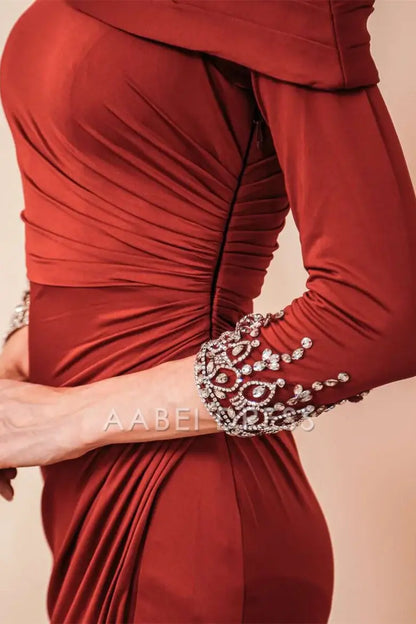 AABEI DRESS High Quality Mother of The Bride Dress Off-the-Shoulder Pleated Mermaid Dress Long sleeves Rhinestone Cuffs Side Fork Dress Formal Dress