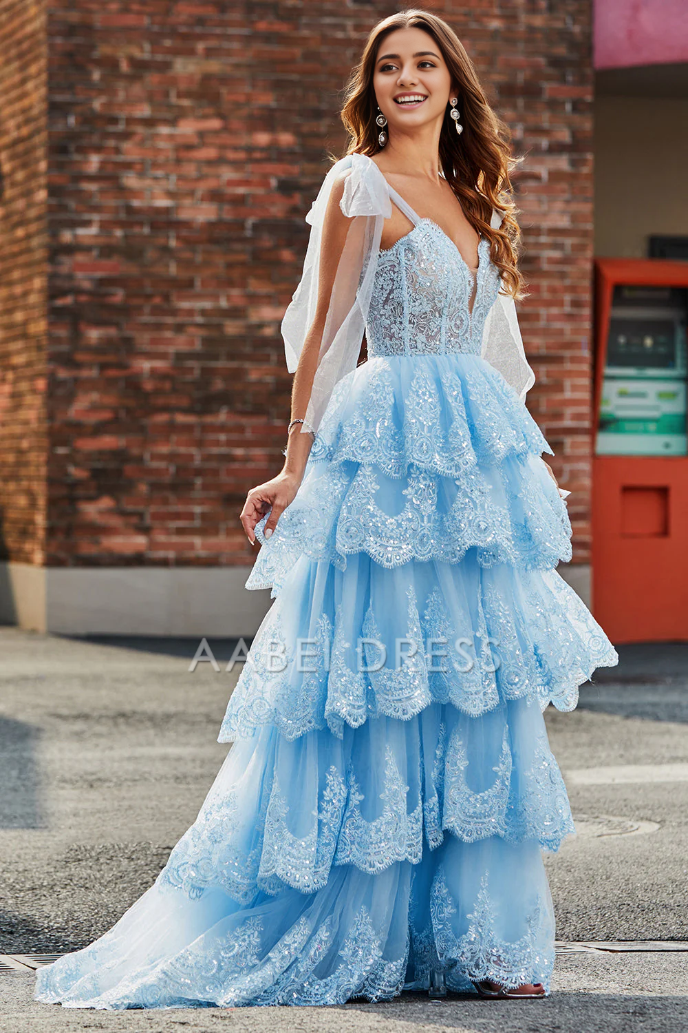 AABEI DRESS Hot Sale Prom Dress Fashion Tiered Tulle Sweetheart Bow Tie Straps Sequin With Appliques Formal Dress