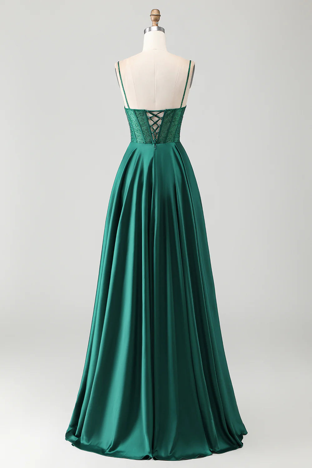 Fashion Prom Dress Sparkly Dark Green A Line Spaghetti Strap Deep V Neck with Rhinestones Sleeveless Ruched Backless Bargain Long Wedding Guest Dress