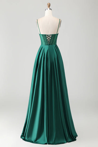 Fashion Prom Dress Sparkly Dark Green A Line Spaghetti Strap Deep V Neck with Rhinestones Sleeveless Ruched Backless Bargain Long Wedding Guest Dress