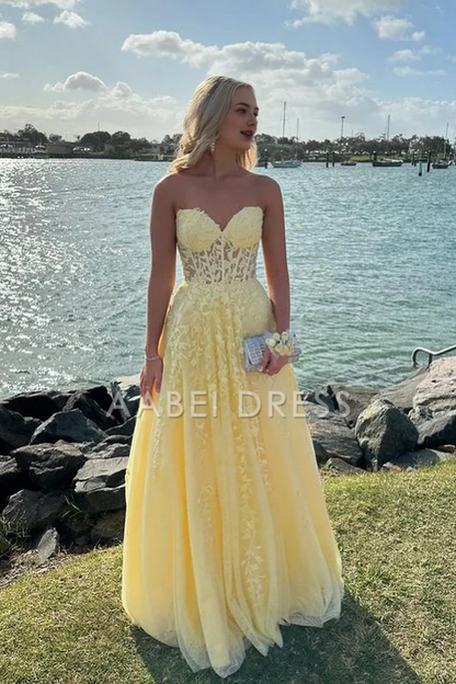 AABEI DRESS Prom Dress A Line Strapless Sweetheart Tulle Appliques Long Elegant Formal Dress