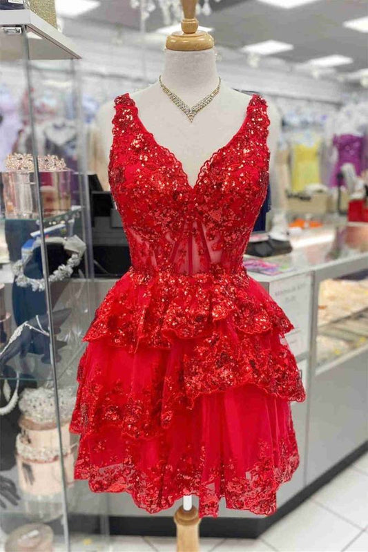 AABEI DRESS New Homecoming Dress Sparkle A Line V-Neck Sequin Appliques Ruffle Short Prom Dresse