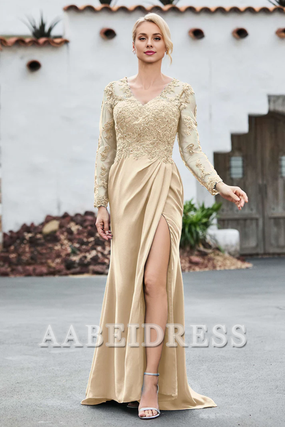 AABEI DRESS Mother of the Bride Dresses Lace V-neck Long Sleeves High Slit Elegant Dress Wedding Guests Dresses