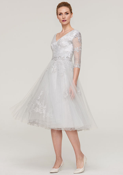 Exquisite Wedding Guest Dresses Light Grey Tulle A-line V Neck 3/4 Sleeve Lace Appliqued With Waistband Tea-Length Bargain Mother of the Bride Dress
