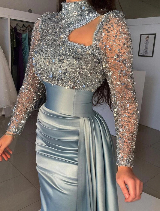 Mermaid Gown Elegant Formal Train Long Sleeve High Neck Satin with Pearls Sequin Evening Dress