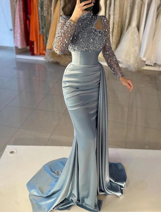 Mermaid Gown Elegant Formal Train Long Sleeve High Neck Satin with Pearls Sequin Evening Dress