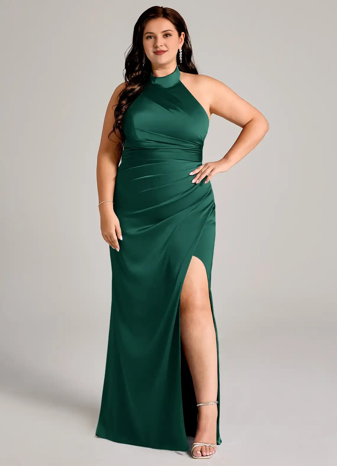 Wedding Guests Dresses Emerald Sheath High Neck Sleeveless Pleated Side Fork Backless Floor-Length Fashion Plus Size Formal Dress Discount Hot Sale Prom Dress