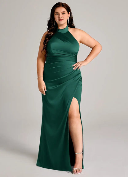 Wedding Guests Dresses Emerald Sheath High Neck Sleeveless Pleated Side Fork Backless Floor-Length Fashion Plus Size Formal Dress Discount Hot Sale Prom Dress
