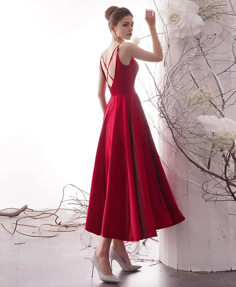 AABEI DRESS Formal Women's Dresses A Line Spaghetti Strap Backless Simple Red Prom Dress