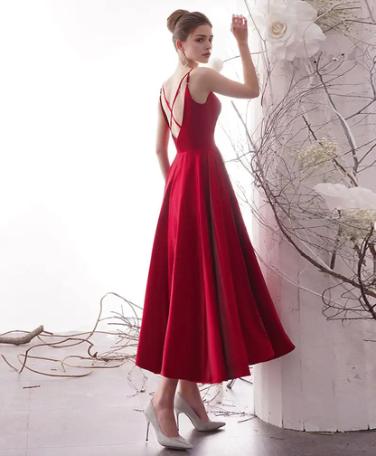 AABEI DRESS Formal Women's Dresses A Line Spaghetti Strap Backless Simple Red Prom Dress
