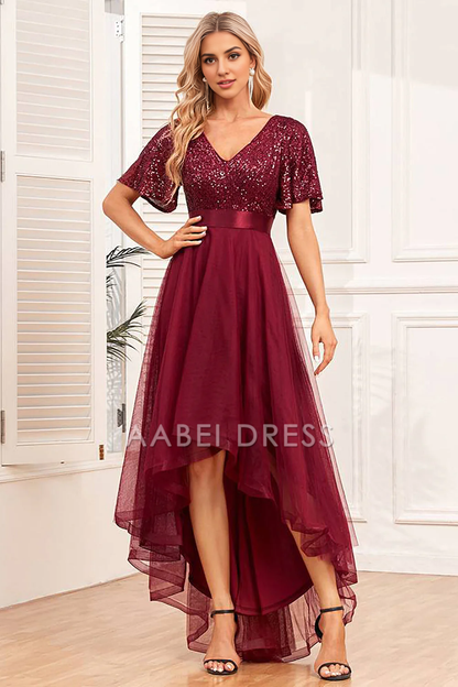 AABEI DRESS Hot Sale Prom Dress Unique High-Low A-Line Sequins V Neck Short Sleeve Ruched Long Party Dress