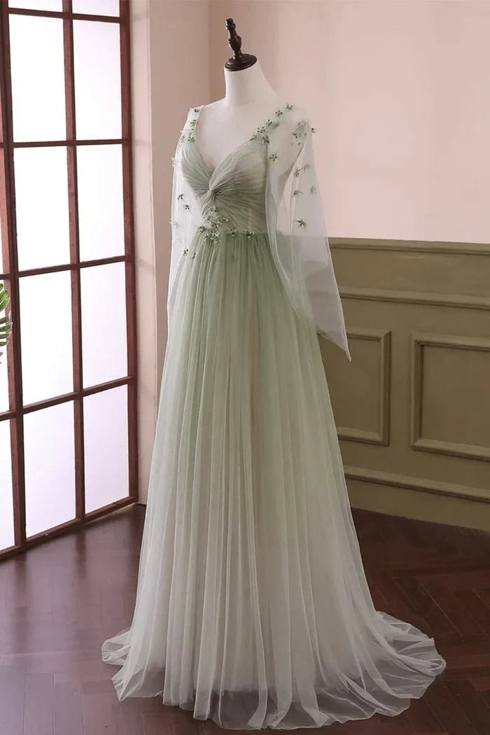 Sage Tulle Fashion A Line V Neck Knot Long Sleeves With 3D Appliques Exquisite Wedding Guest Dress Long Hot Sale Prom Dresses