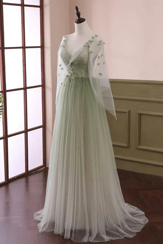 Sage Tulle Fashion A Line V Neck Knot Long Sleeves With 3D Appliques Exquisite Wedding Guest Dress Long Hot Sale Prom Dresses
