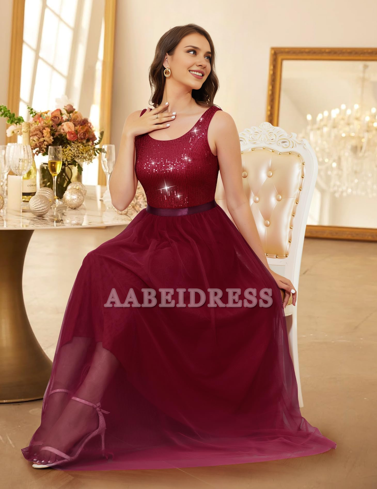 Prom Dress A Line Sequin Dress Vintage Wedding Swing Mesh Dress Sleeveless Cocktail Maxi Gowns Wedding Guest Dresses Formal Wear Dresses